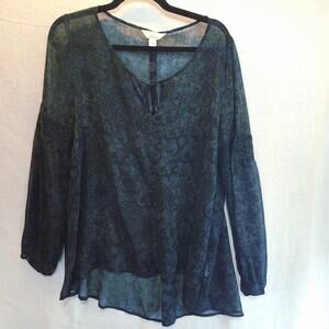 Womens Size Large Sun & Shadow Black BoHo Chrochet Detailed Top Semi Sheer